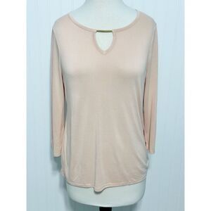 Chico's Cut Out Gold Bar 3/4 Sleeve Stretch Pullover Top Tea Pink Size 1‎ Medium